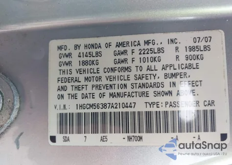 2007 Honda Accord 2.4 Se from USA, damaged, VIN 1HGCM56387A210447